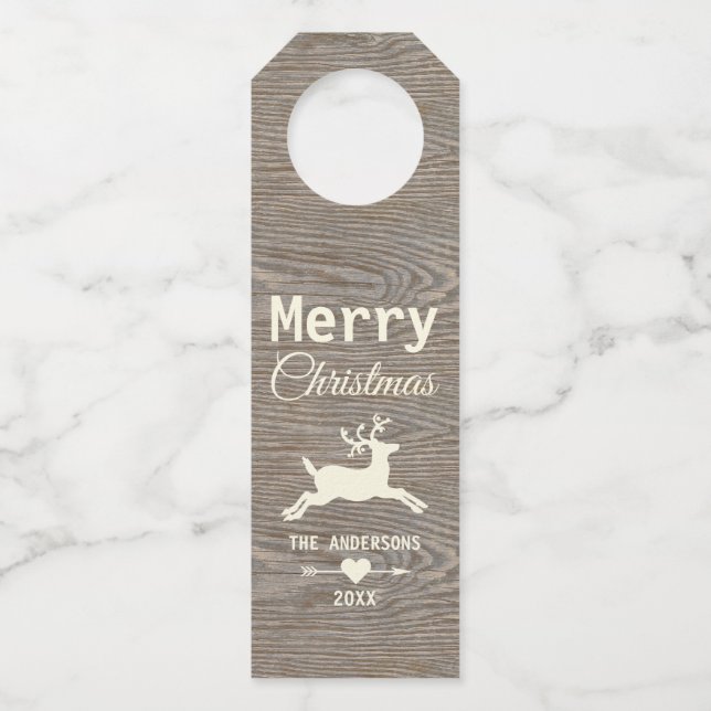 Merry Christmas Reindeer Rustic Weathered Wood Bottle Tag (Front)