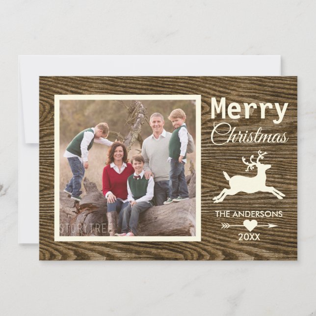 Merry Christmas Reindeer Rustic Wood Family Photo Holiday Card (Front)