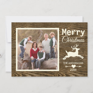 Merry Christmas Reindeer Rustic Wood Family Photo Holiday Card