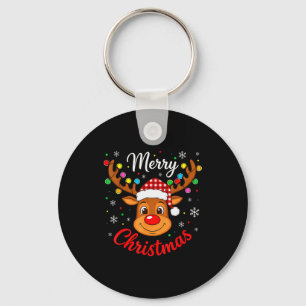 Merry Christmas Reindeer Santa Hat Holiday Matchin Key Ring