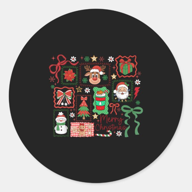 Merry Christmas Reindeer Santa Snowman Coquette Bo Classic Round Sticker (Front)