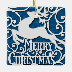 Merry Christmas Reindeer Silhouettes Snowflake Ceramic Ornament