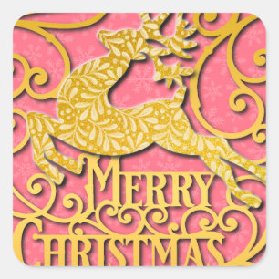 Merry Christmas Reindeer Silhouettes Snowflake Square Sticker
