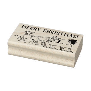 Merry Christmas Reindeer Sleigh Ride Santa Claus Rubber Stamp