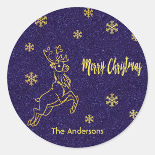 Merry Christmas reindeer snow blue glitter gold Classic Round Sticker