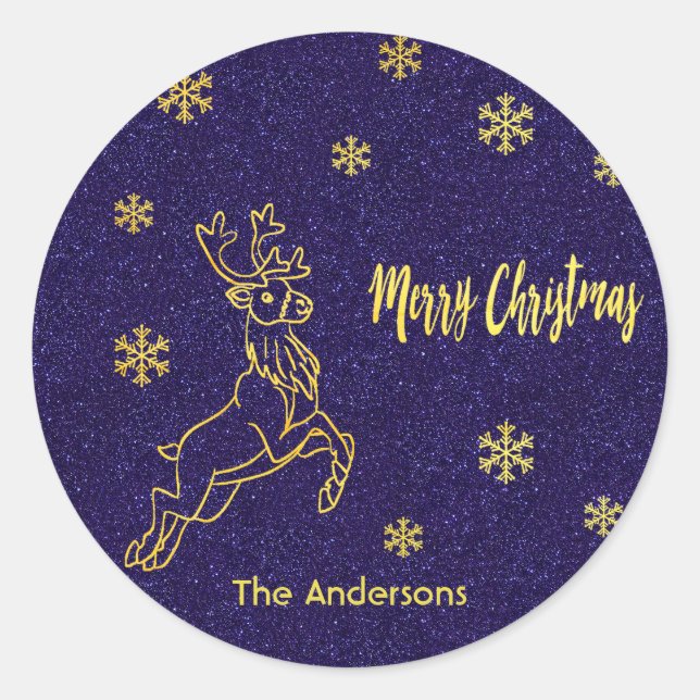 Merry Christmas reindeer snow blue glitter gold Classic Round Sticker (Front)