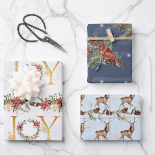 Merry Christmas Reindeer Snow Poinsettia Joy Gold Wrapping Paper Sheet