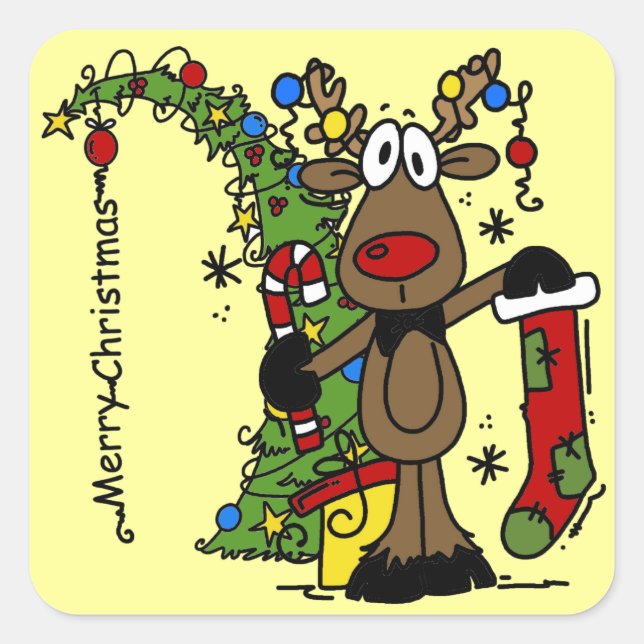 Merry Christmas Reindeer Square Sticker (Front)