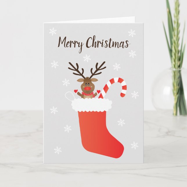 Merry Christmas Reindeer Stocking Candy Cane Card (Front)