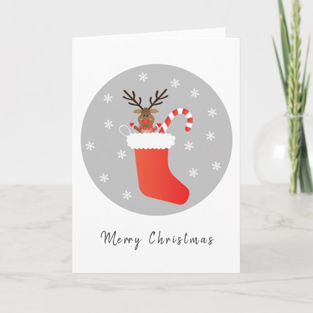 Merry Christmas Reindeer Stocking Candy Cane Card (Front)