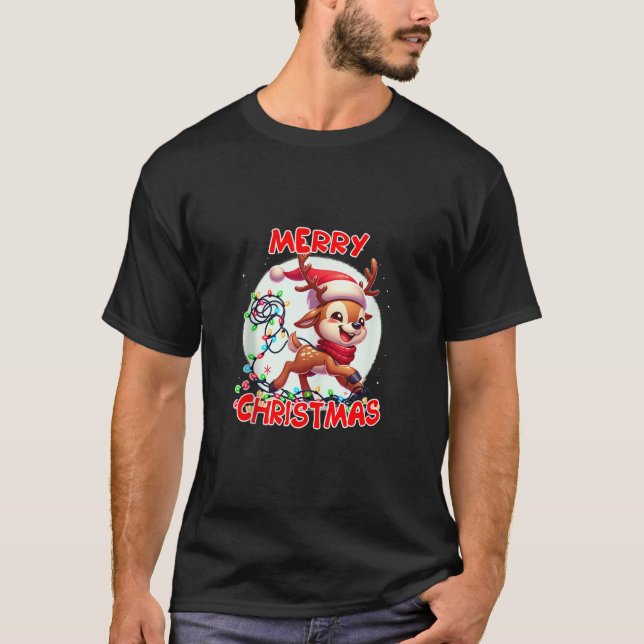Merry Christmas Reindeer Tangled in Christmas Ligh T-Shirt (Front)