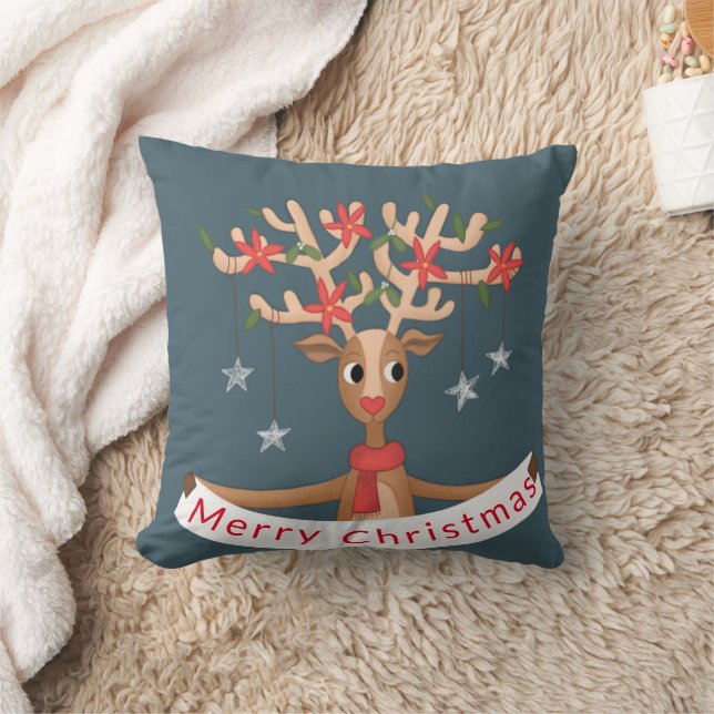 Merry Christmas Reindeer Throw Pillow (Blanket)