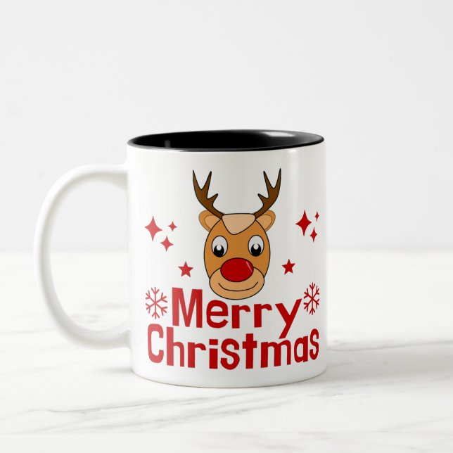 Merry Christmas Reindeer Two-Tone Coffee Mug (Left)