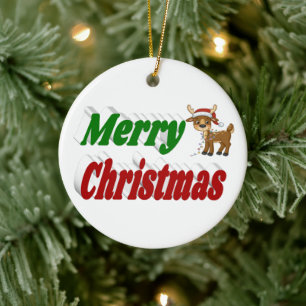 Merry Christmas Reindeer typography Ceramic Tree Decoration