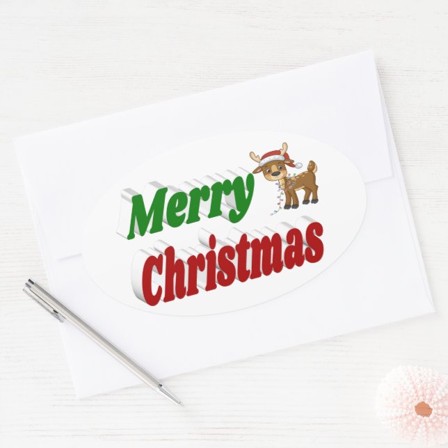 Merry Christmas Reindeer typography  Oval Sticker (Envelope)