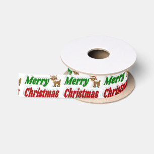 Merry Christmas Reindeer typography Satin Ribbon