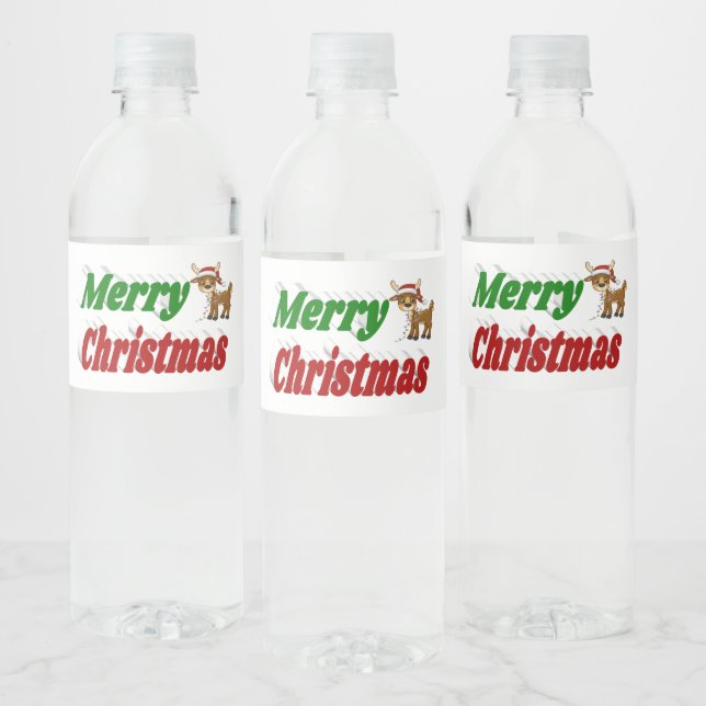 Merry Christmas Reindeer typography Water Bottle Label (Bottles)