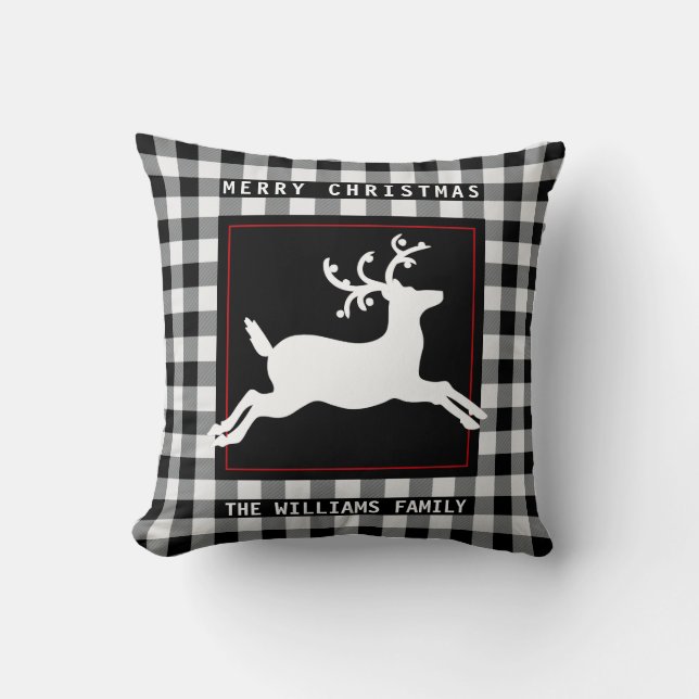 Merry Christmas Reindeer White Black Buffalo Check Cushion (Front)