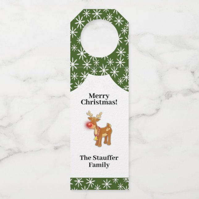Merry Christmas Reindeer with Family Name Bottle Tag (Front)