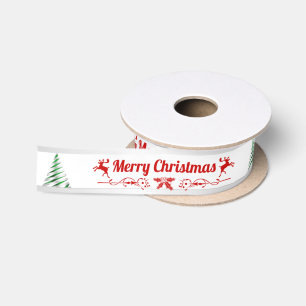 Merry Christmas Reindeer with Green Tree Satin Ribbon