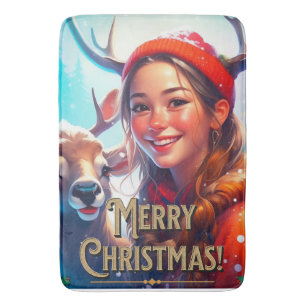 MERRY CHRISTMAS REINDEER WITH HAPPY GIRL BATH MAT