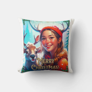 MERRY CHRISTMAS REINDEER WITH HAPPY GIRL CUSHION