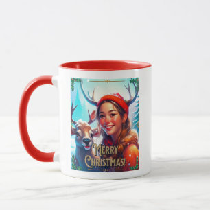 MERRY CHRISTMAS REINDEER WITH HAPPY GIRL MUG