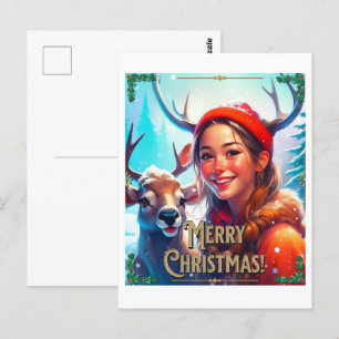MERRY CHRISTMAS REINDEER WITH HAPPY GIRL POSTCARD