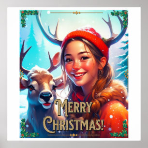 MERRY CHRISTMAS REINDEER WITH HAPPY GIRL POSTER