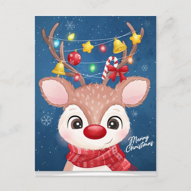 Merry Christmas Reindeer with Lights Postcard (Front)
