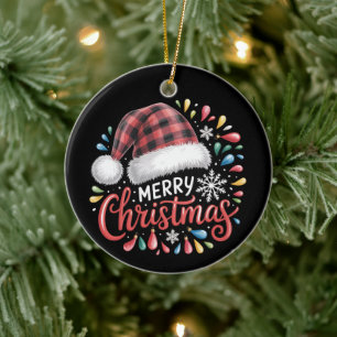 Merry Christmas Reindeer Xmas Family Red Plaid Ceramic Tree Decoration