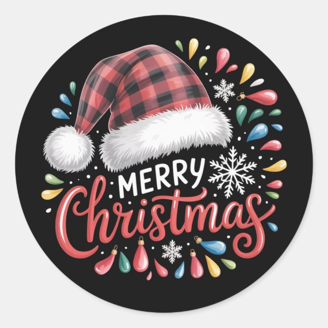 Merry Christmas Reindeer Xmas Family Red Plaid Classic Round Sticker (Front)