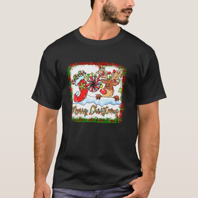 Merry Christmas Reindeer Xmas Light Stocking Snow  T-Shirt (Front)