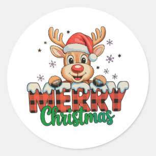 Merry Christmas Reindeer Xmas Red Plaid Buffalo Classic Round Sticker