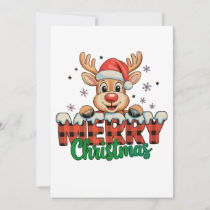 Merry Christmas Reindeer Xmas Red Plaid Buffalo Holiday Card