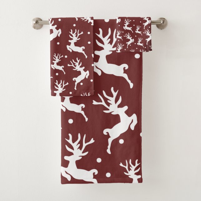 Merry Christmas Reindeers Dark Red Throw  Bath  Bath Towel Set (Insitu)