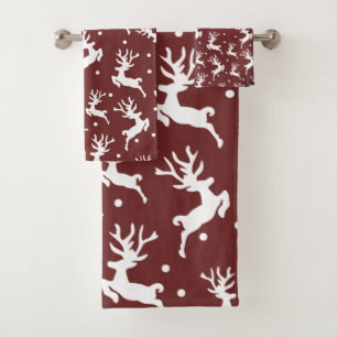 Merry Christmas Reindeers Dark Red Throw  Bath  Towel Set