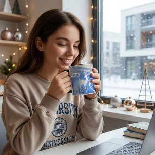 Merry Christmas Reindeers Pristine Snowflakes Blue Mug