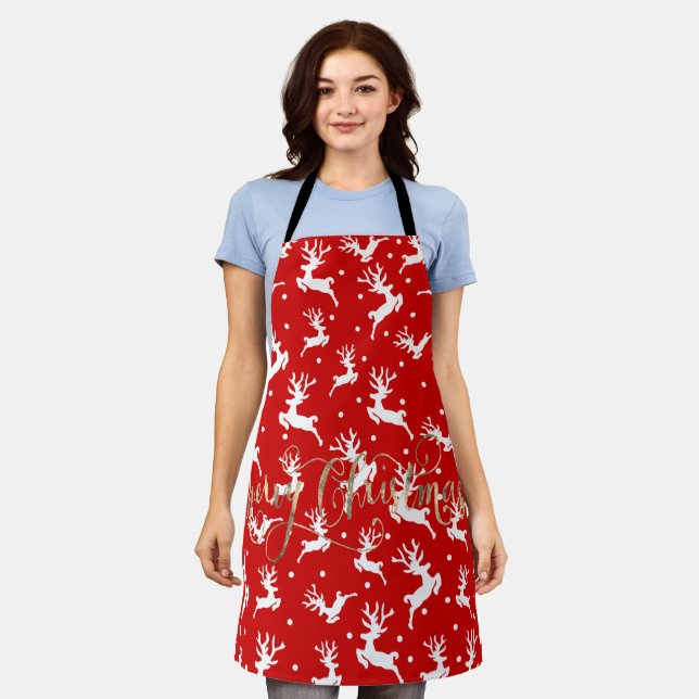 Merry Christmas Reindeers Red  Apron (Worn)
