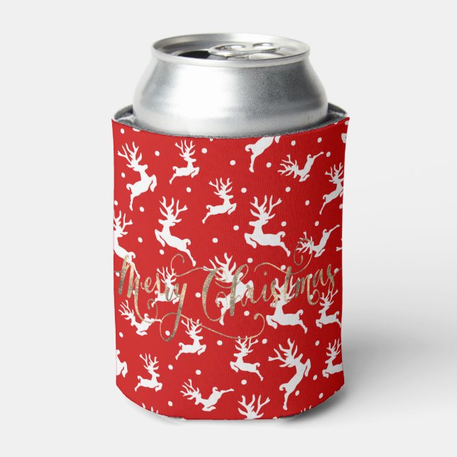 Merry Christmas Reindeers Red  Can Cooler (Can Front)