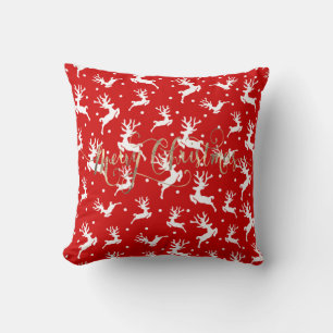Merry Christmas Reindeers Red Cushion