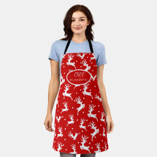Merry Christmas Reindeers Red Holiday Apron