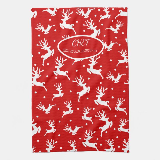 Merry Christmas Reindeers Red Holiday Tea Towel (Vertical)