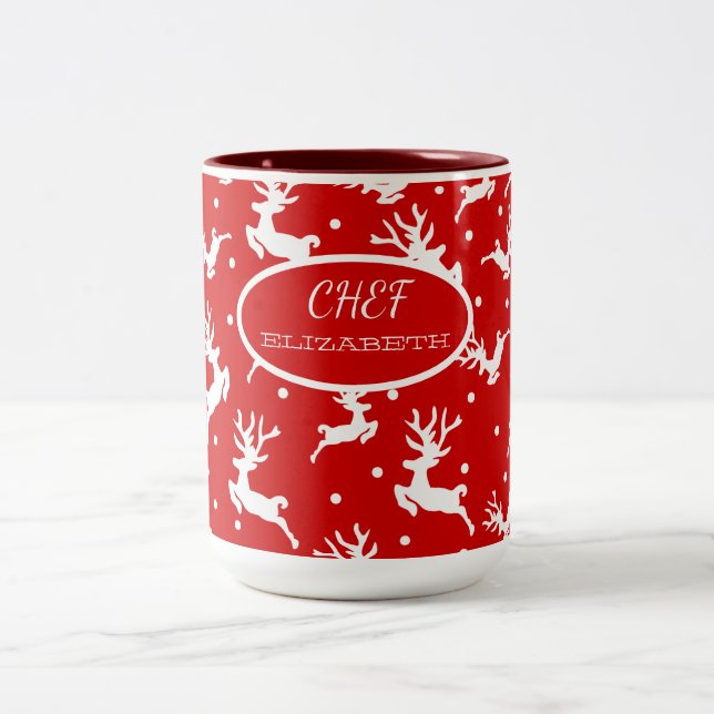 Merry Christmas Reindeers Red Holiday    Two-Tone Coffee Mug (Center)