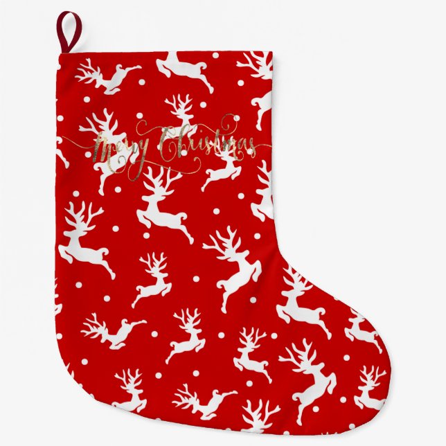 Merry Christmas Reindeers Red    Large Christmas Stocking (Front)