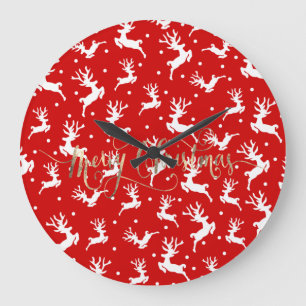 Merry Christmas Reindeers Red   Large Clock