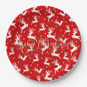 Merry Christmas Reindeers Red Paper Plate