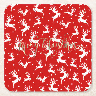 Merry Christmas Reindeers Red  Square Paper Coaster
