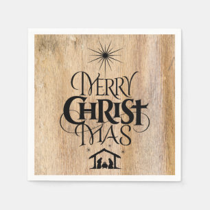 Merry Christmas Religious Calligraphy Rustic Wood Napkin