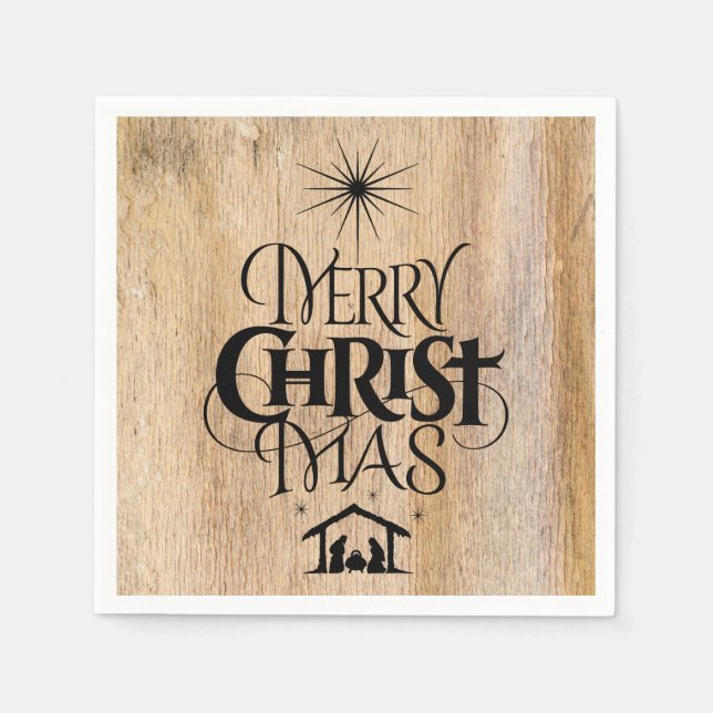 Merry Christmas Religious Calligraphy Rustic Wood Napkin (Front)